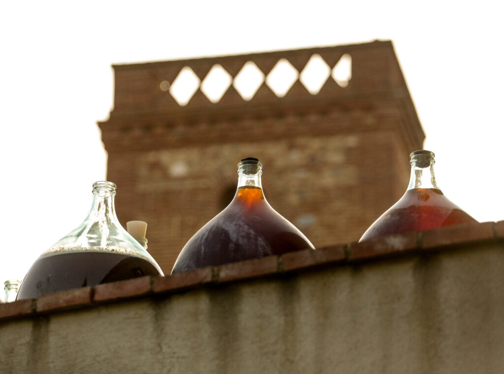 Isoja viinikarahveja alhaalta kuvattuna vaaleaa taivasta ja tornia vasten.